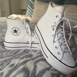 Women’s Converse All Star White Leather Platform High-Tops Size 9